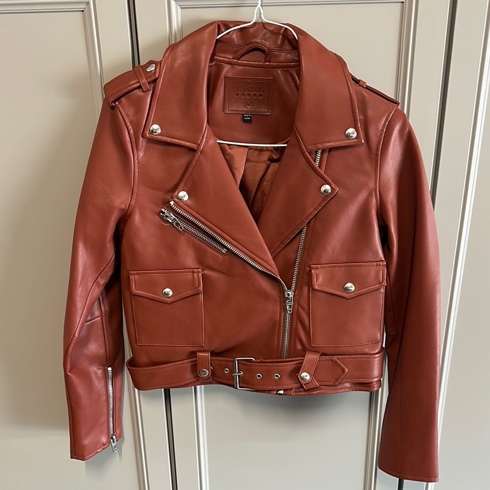 Blank NYC Brown Rust faux Leather Biker Jacket with Asymmetrical Zipper